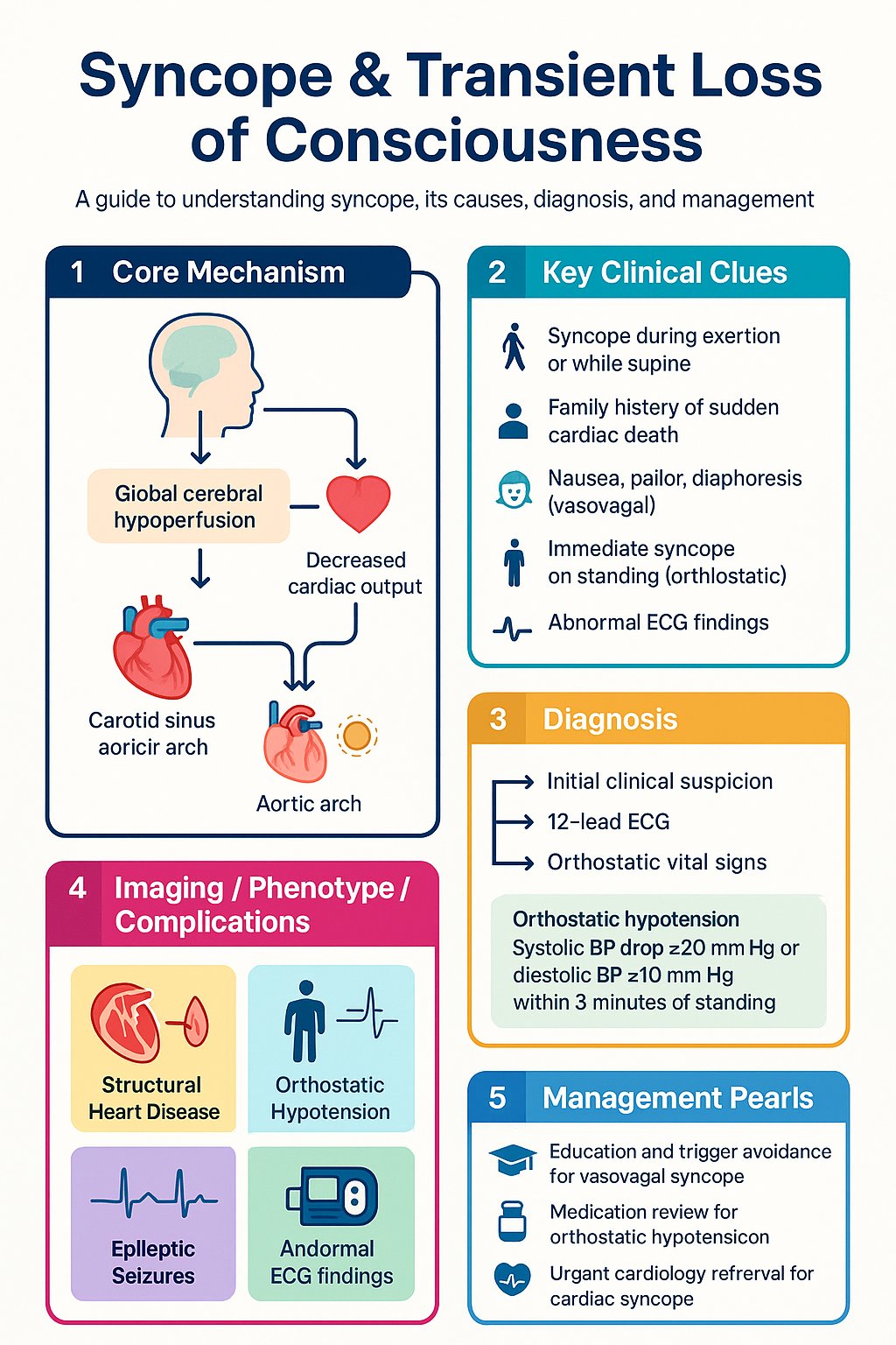 Syncope & Transient Loss of Consciousness clinical infographic — pathophysiology, clinical clues, diagnosis, imaging, and management