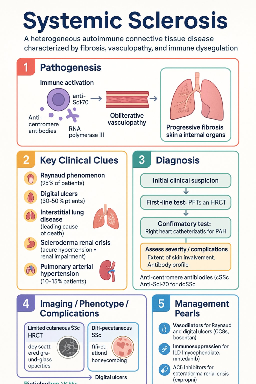 Systemic Sclerosis clinical infographic — pathophysiology, clinical clues, diagnosis, imaging, and management