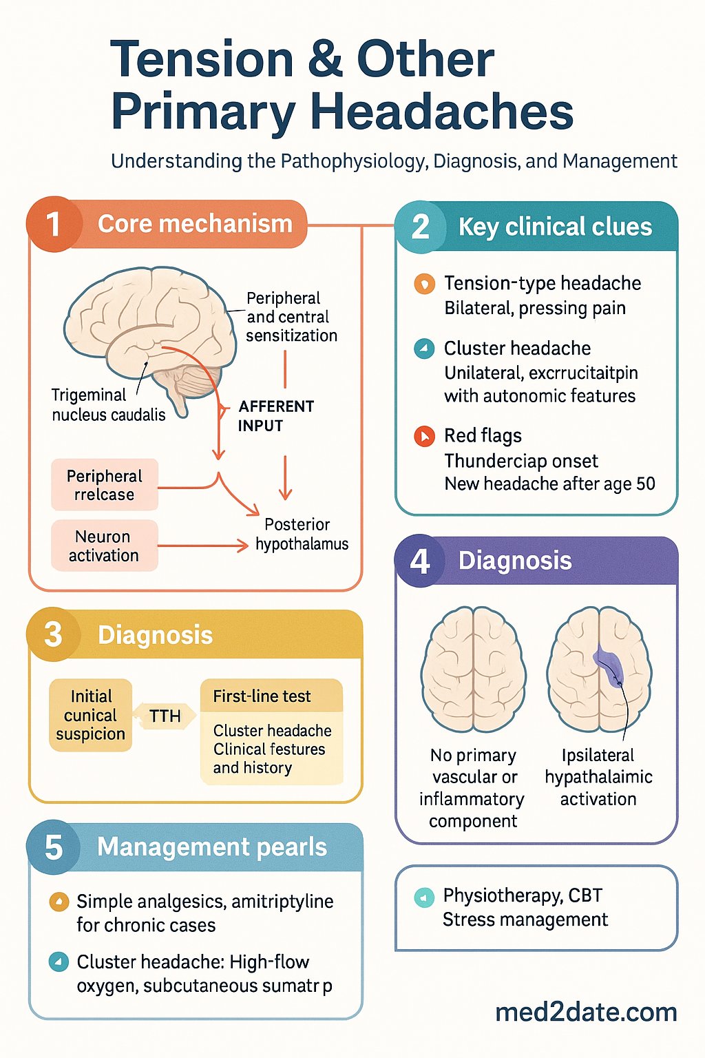 Tension & Other Primary Headaches clinical infographic — pathophysiology, clinical clues, diagnosis, imaging, and management