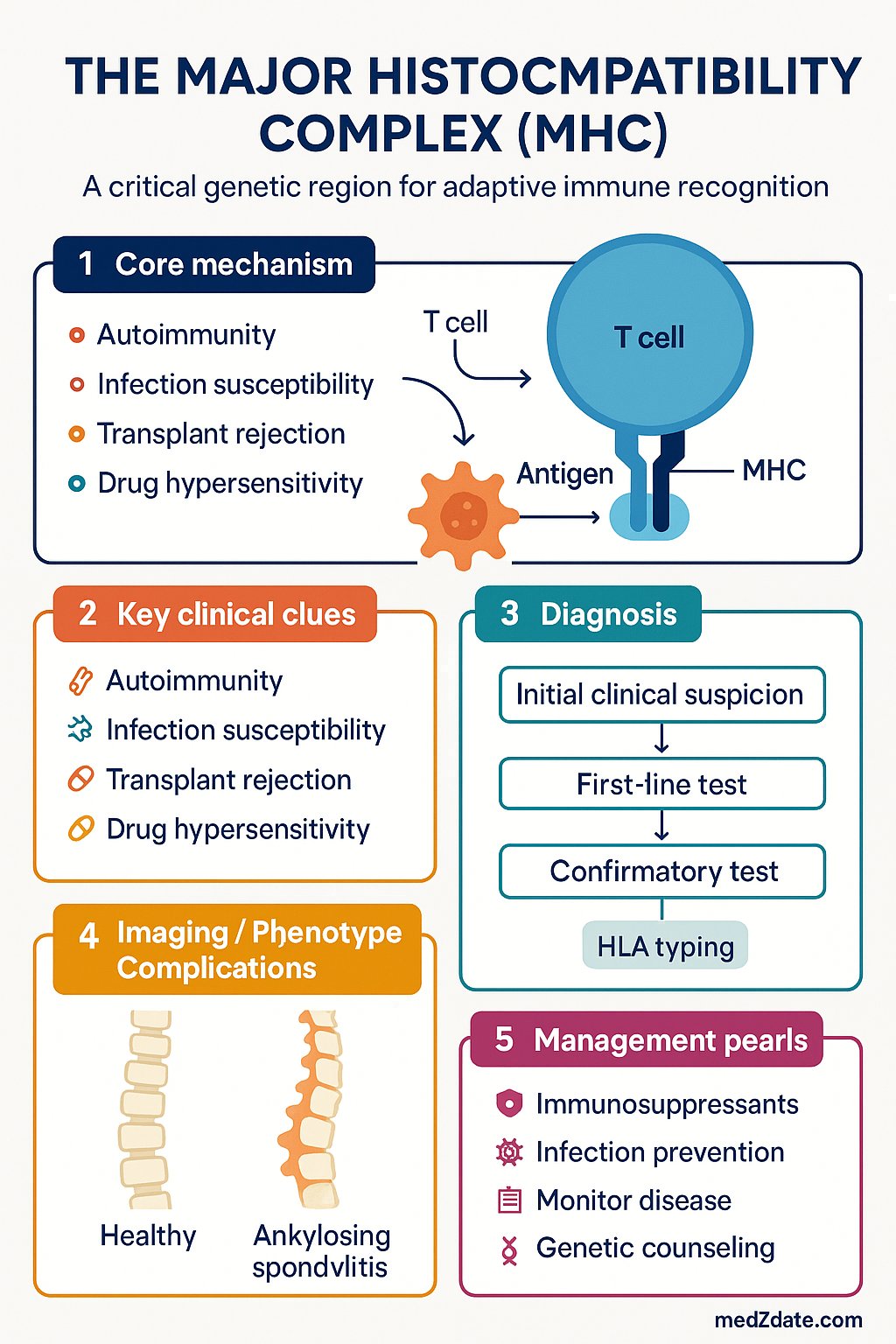 The Major Histocompatibility Complex (MHC) clinical infographic — pathophysiology, clinical clues, diagnosis, imaging, and management