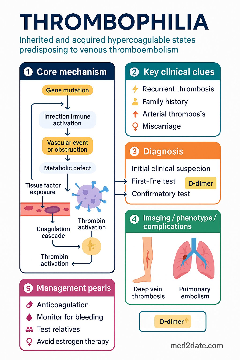 Thrombophilia clinical infographic — pathophysiology, clinical clues, diagnosis, imaging, and management