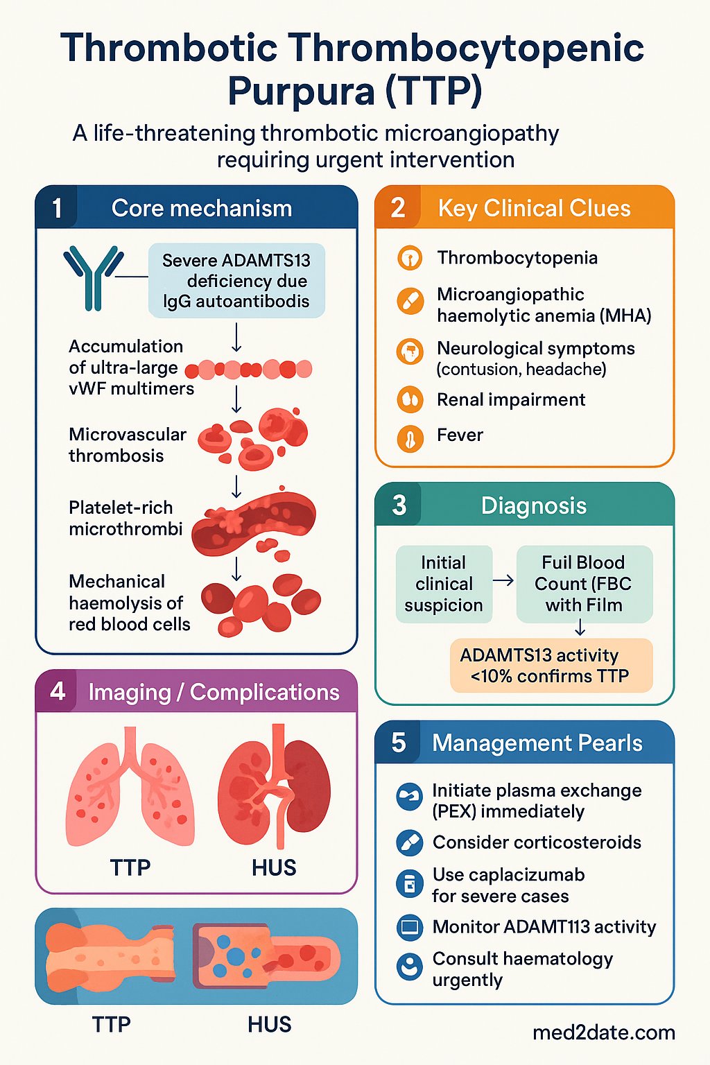 Thrombotic Thrombocytopenic Purpura (TTP) clinical infographic — pathophysiology, clinical clues, diagnosis, imaging, and management