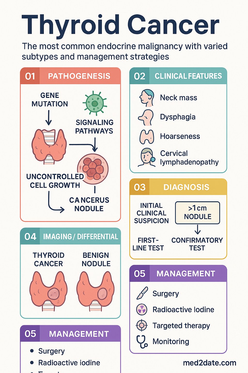 Thyroid Cancer clinical infographic — pathophysiology, clinical clues, diagnosis, imaging, and management