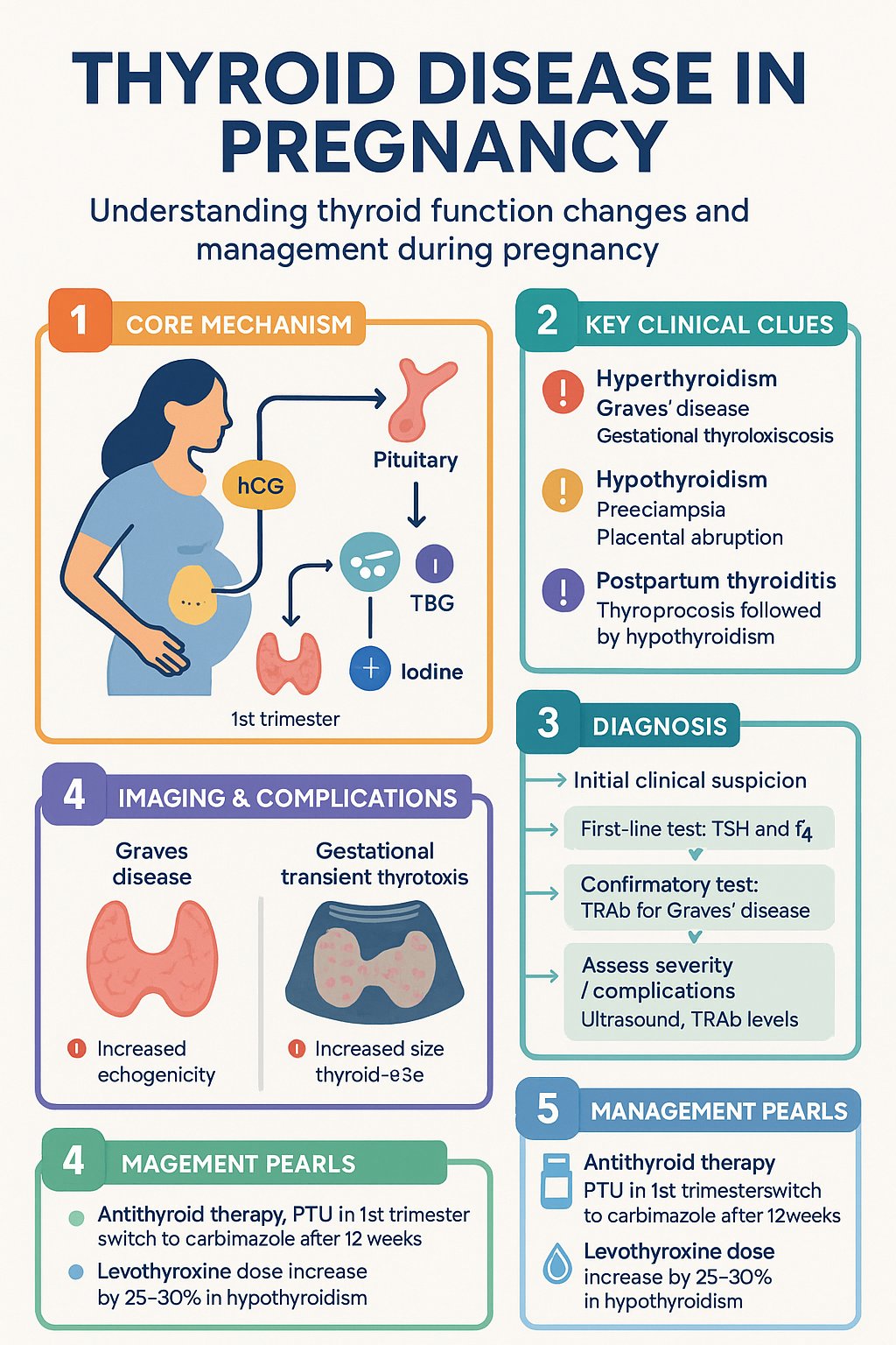 Thyroid Disease in Pregnancy clinical infographic — pathophysiology, clinical clues, diagnosis, imaging, and management