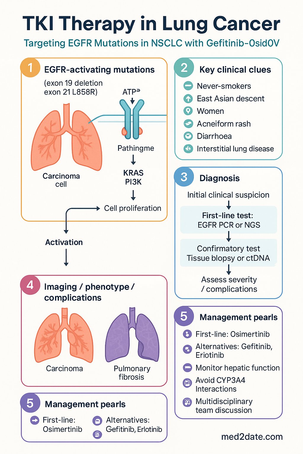 TKI Therapy in Lung Cancer (Gefitinib & Imatinib) clinical infographic — pathophysiology, clinical clues, diagnosis, imaging, and management