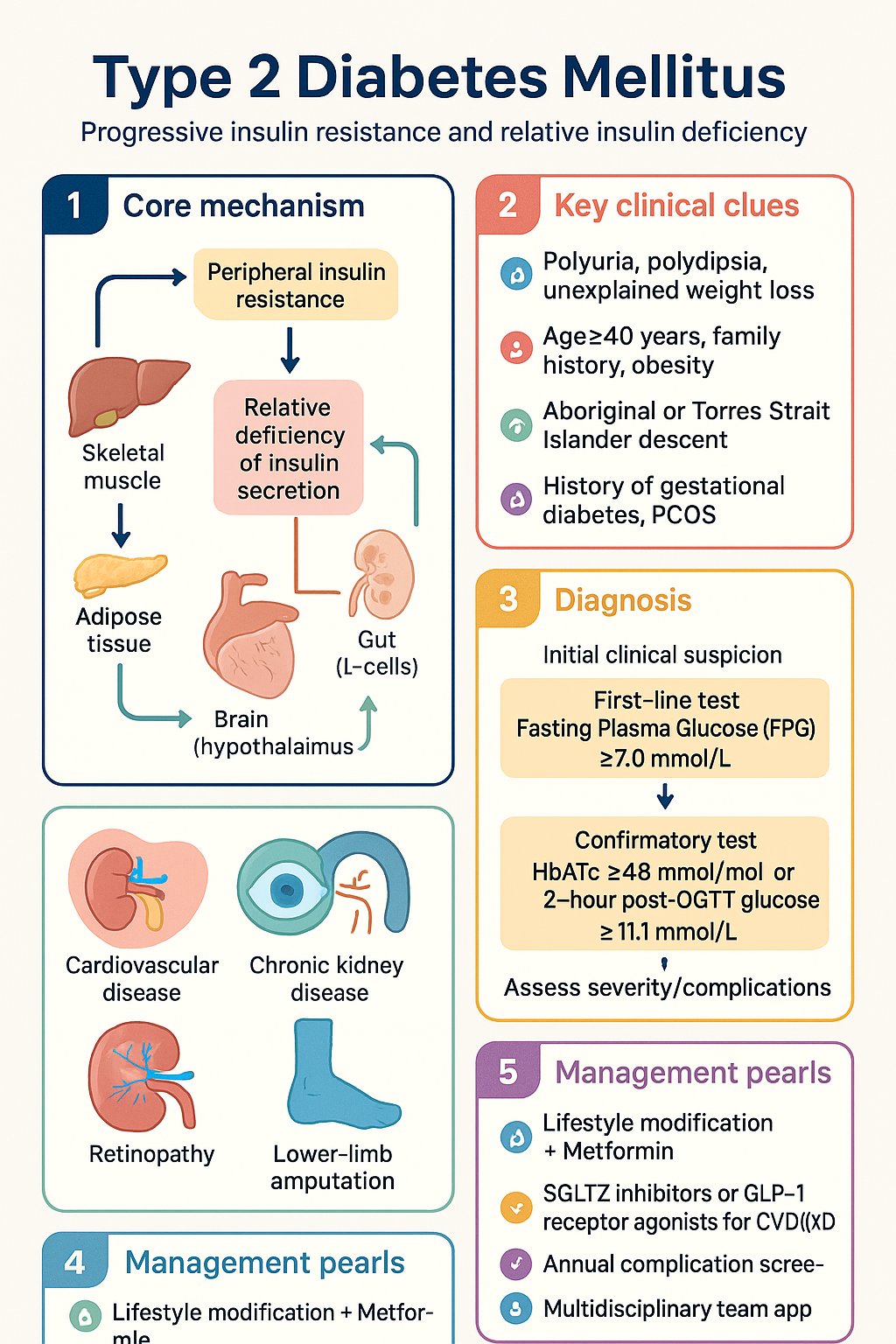 Type 2 Diabetes Mellitus clinical infographic — pathophysiology, clinical clues, diagnosis, imaging, and management
