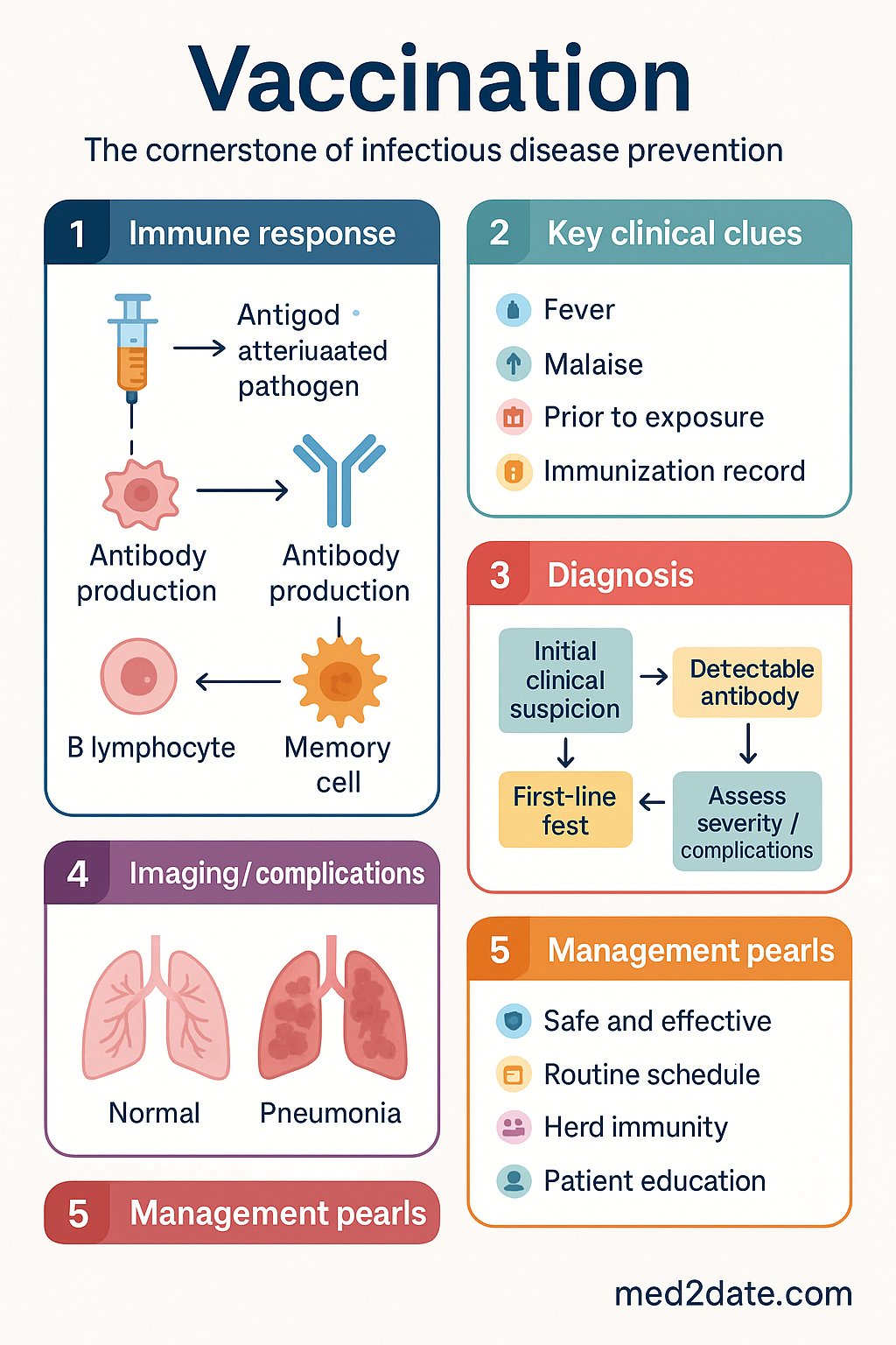 Vaccination clinical infographic — pathophysiology, clinical clues, diagnosis, imaging, and management