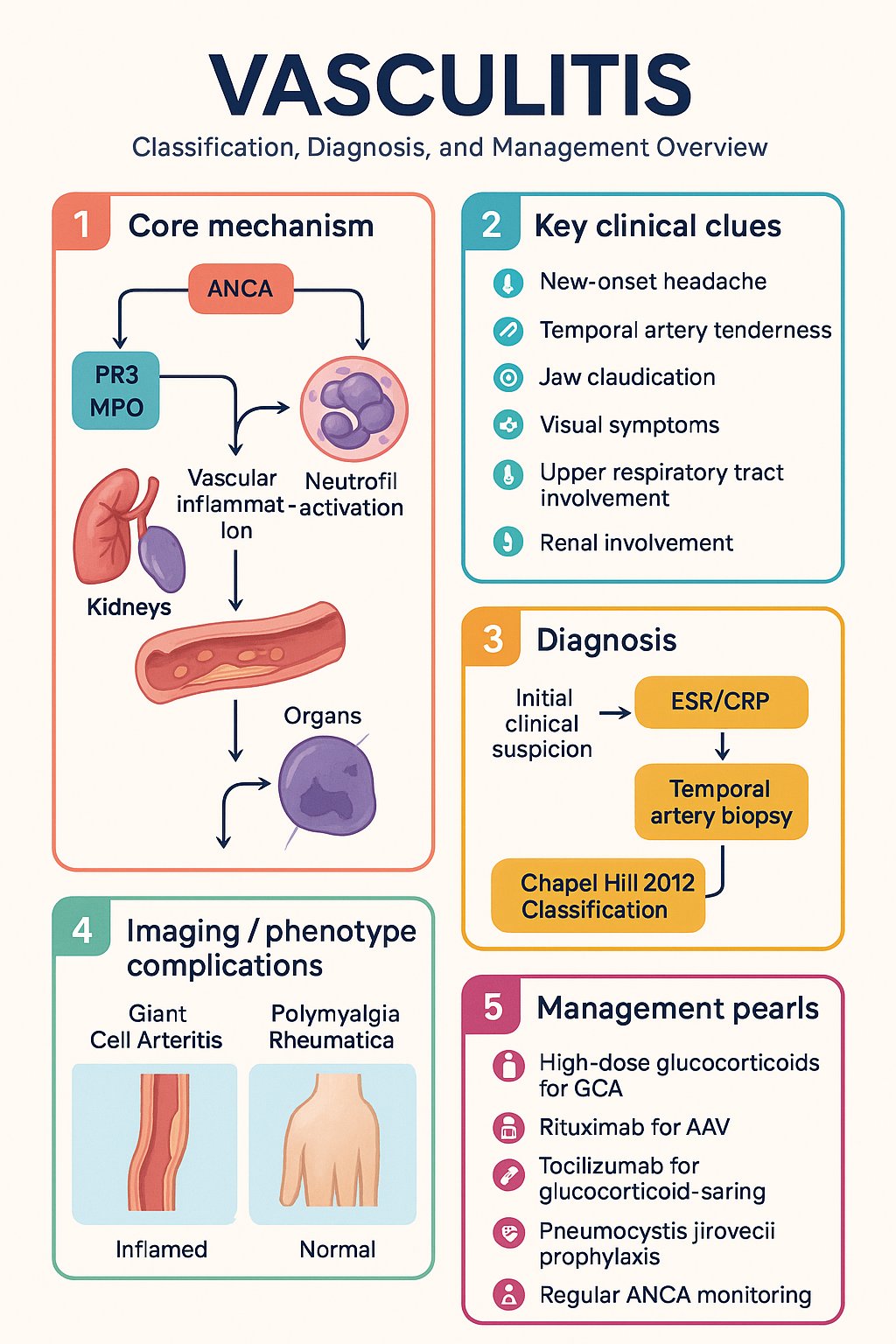 Vasculitis clinical infographic — pathophysiology, clinical clues, diagnosis, imaging, and management
