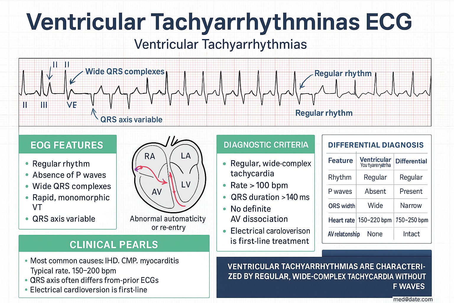 Ventricular Tachyarrhythmias ECG infographic — ECG features, diagnostic criteria, mechanism, clinical pearls, differential diagnosis, and key take-home message