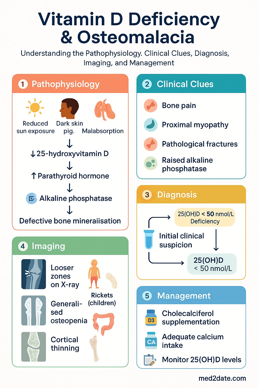 Vitamin D Deficiency & Osteomalacia clinical infographic — pathophysiology, clinical clues, diagnosis, imaging, and management