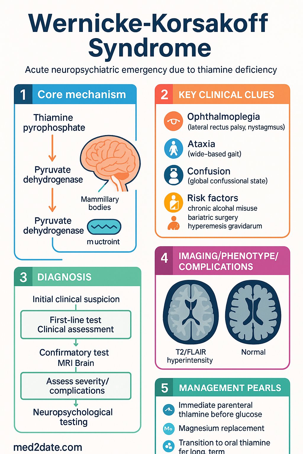 Wernicke-Korsakoff Syndrome clinical infographic — pathophysiology, clinical clues, diagnosis, imaging, and management