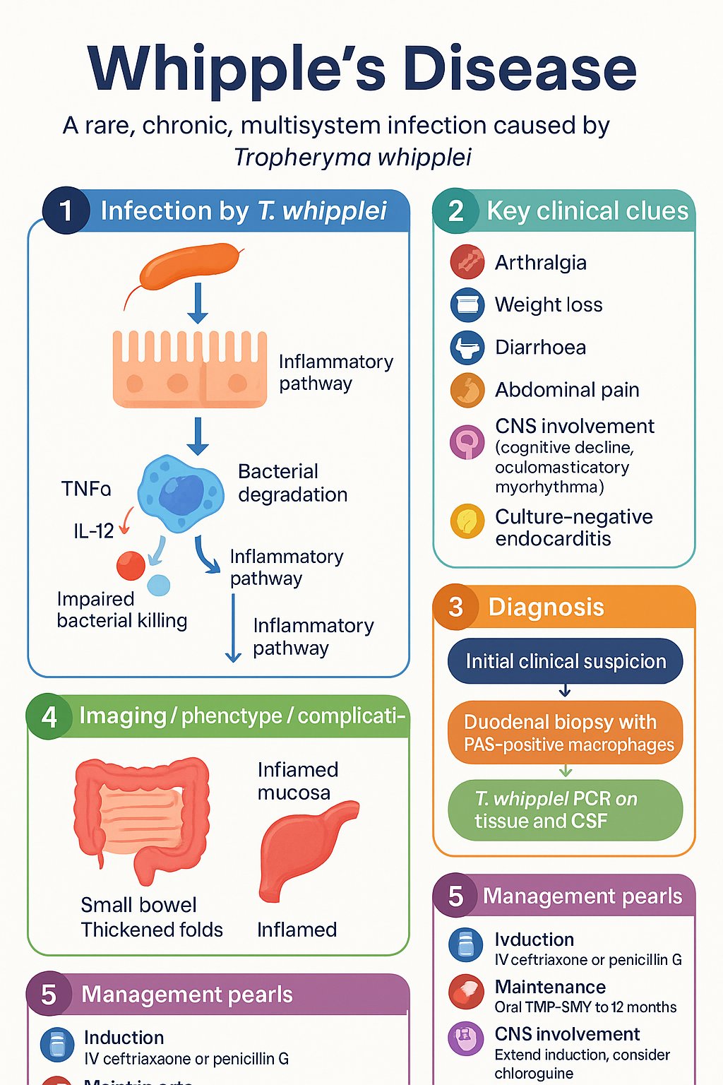 Whipple's Disease clinical infographic — pathophysiology, clinical clues, diagnosis, imaging, and management