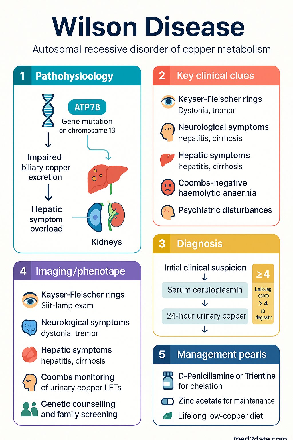 Wilson Disease clinical infographic — pathophysiology, clinical clues, diagnosis, imaging, and management