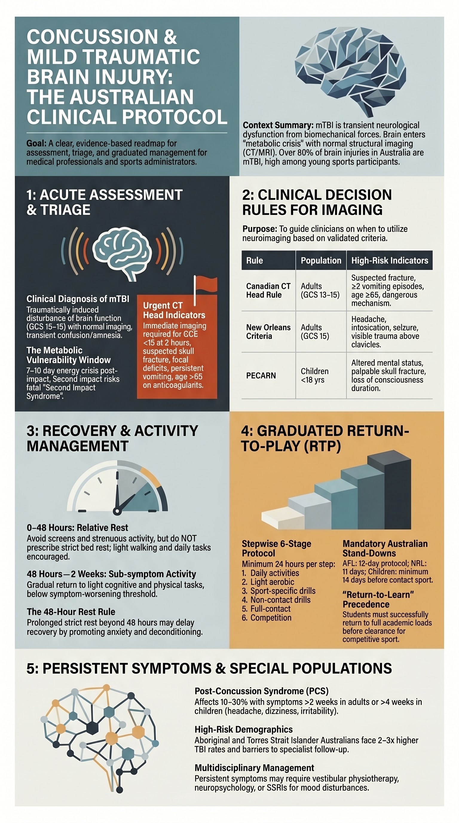 Concussion & Mild Traumatic Brain Injury visual summary infographic