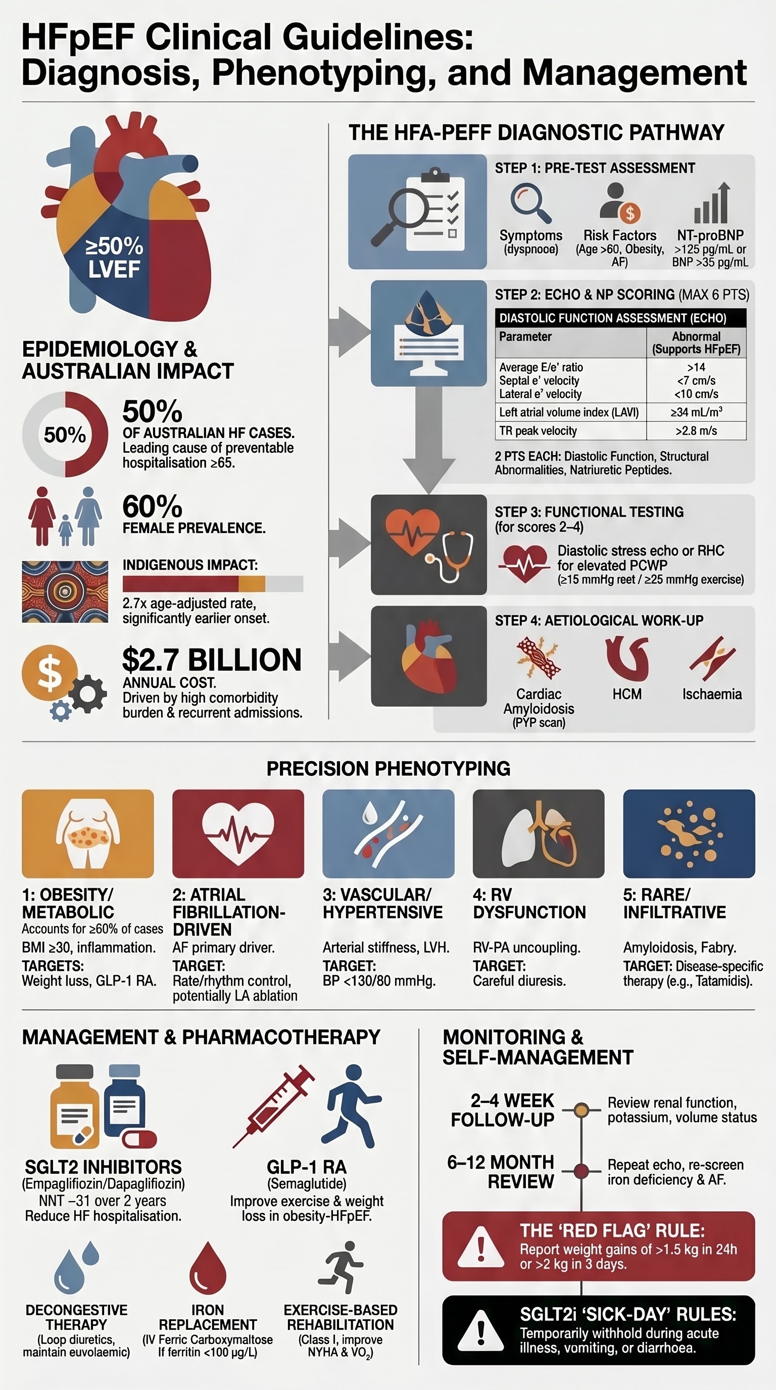 Heart Failure with Preserved Ejection Fraction (HFpEF) visual summary infographic