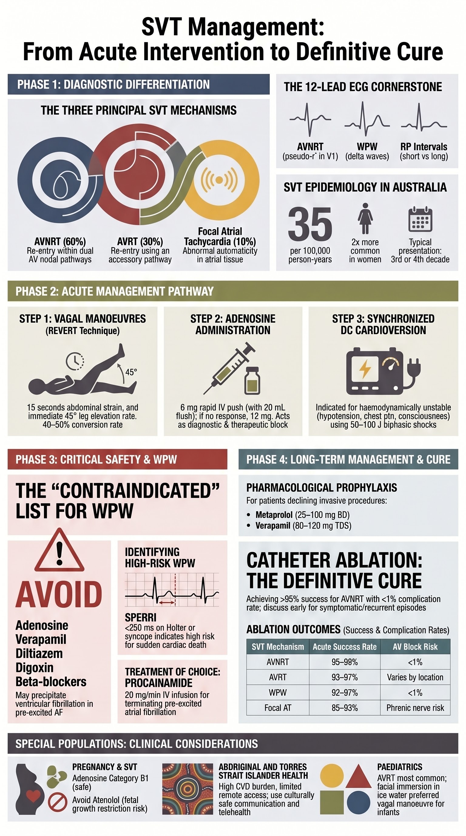 Supraventricular Tachycardias (SVT) visual summary infographic